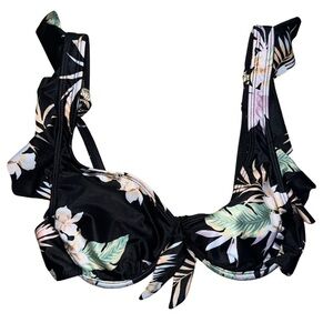 Ibiza Swimwear Black Tropical Floral Ruffled Swim Top Size Medium